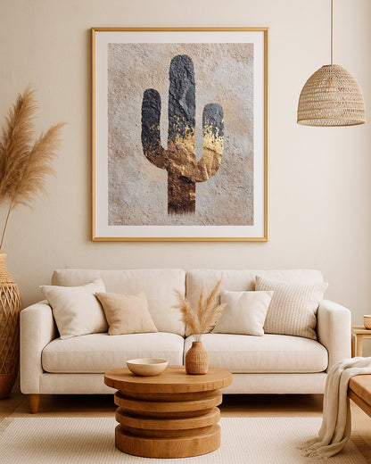 Modern cactus wall art with simple saguaro silhouette, rough beige surface, black detail, and gold accents.