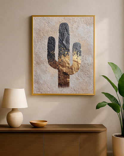 Neutral desert botanical print showing a cactus shape in black, gold, and warm beige tones.