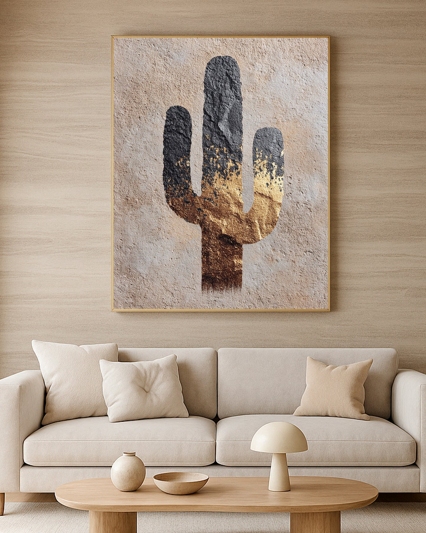 Textured cactus silhouette artwork with earthy plaster-style background and refined gold finish.
