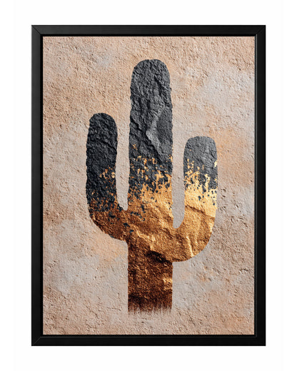 Minimalist cactus silhouette wall art with black and gold saguaro shape on a warm beige textured background.