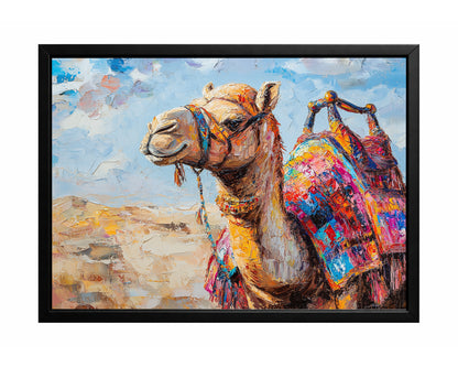 Colorful camel wall art featuring a desert camel with a vibrant patterned saddle against a pale sky background.