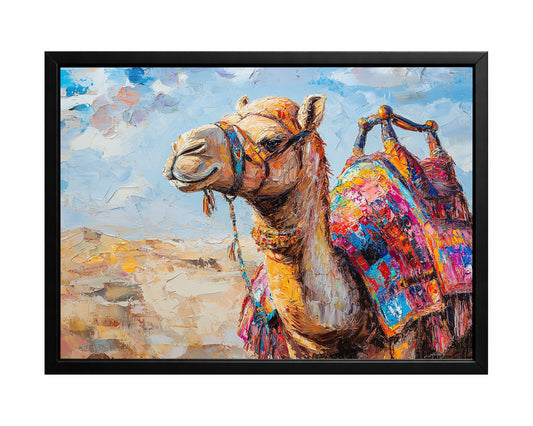 Colorful camel wall art featuring a desert camel with a vibrant patterned saddle against a pale sky background.