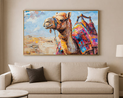 Desert-inspired camel artwork showing a richly decorated saddle in vivid pink, blue, orange, and gold tones.