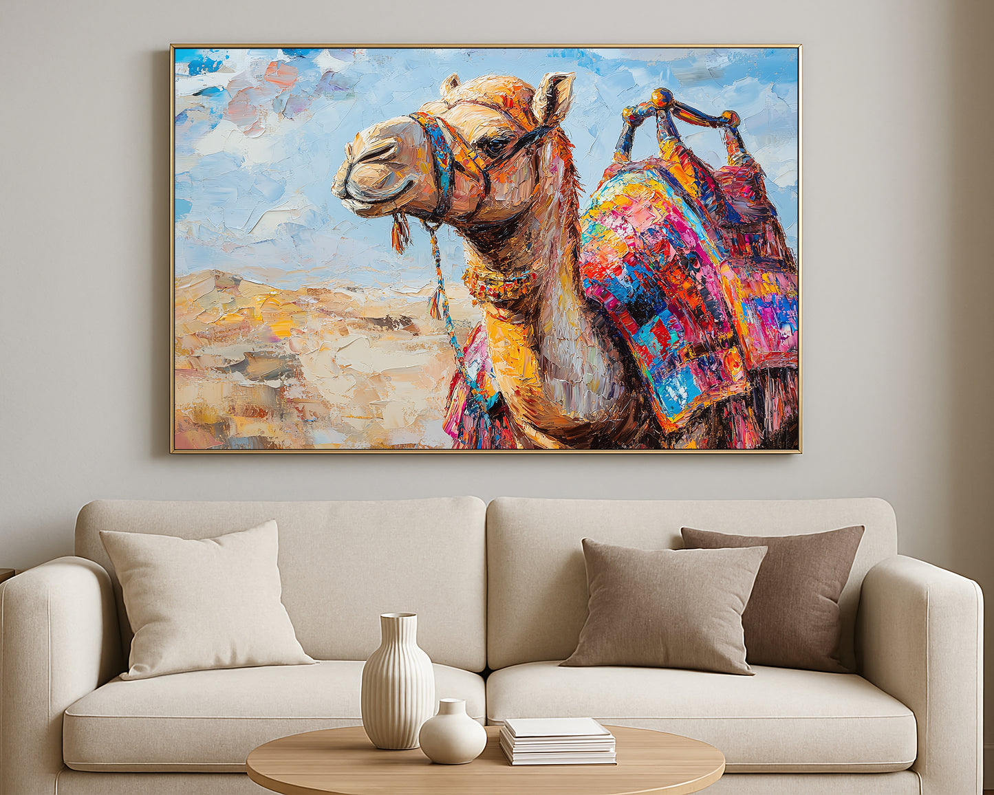 Painterly camel portrait with expressive brushstrokes, a colorful woven saddle, and a calm desert setting.
