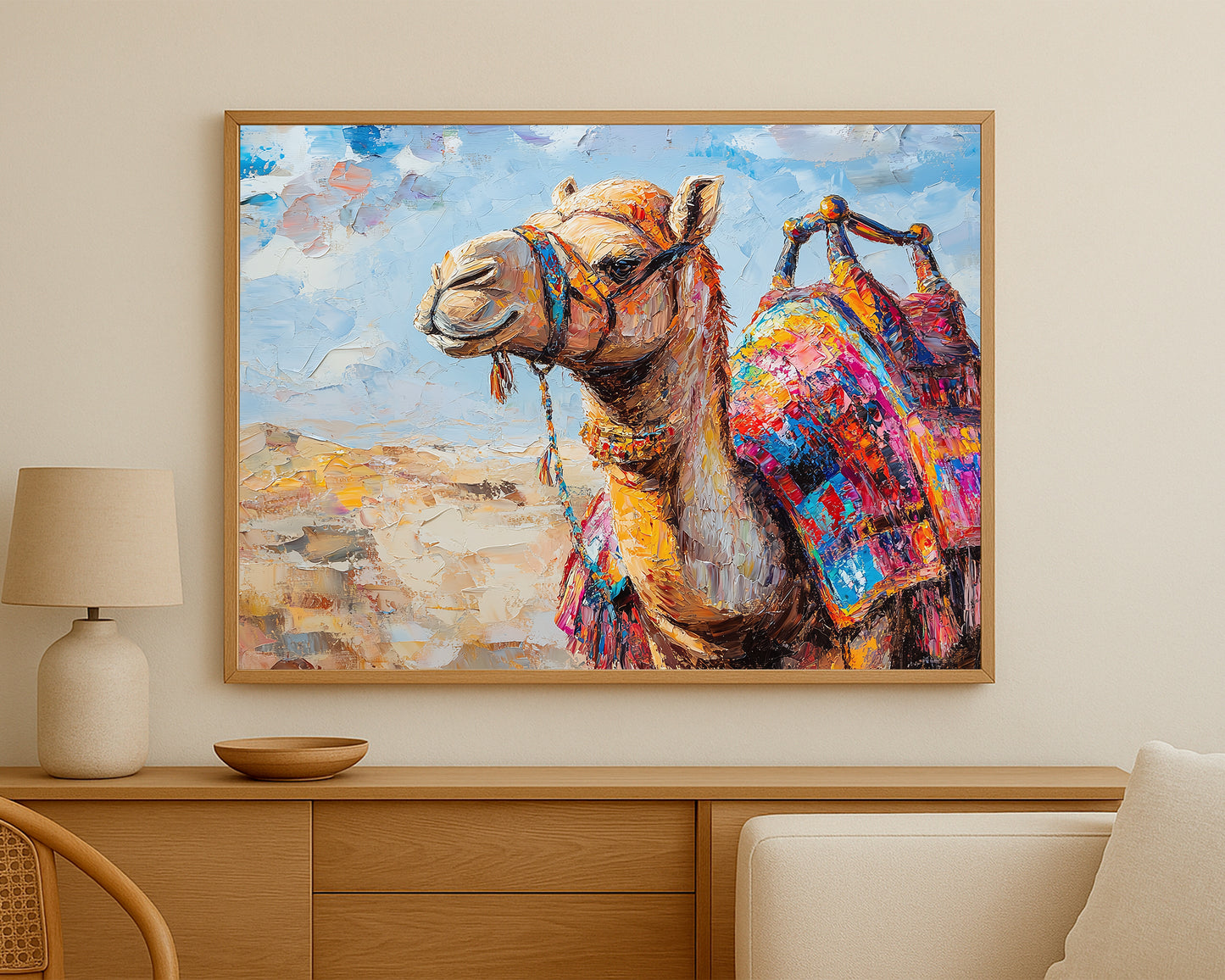 Travel-inspired animal wall art of a camel with bold decorative textiles and warm neutral tones in a bright open landscape.