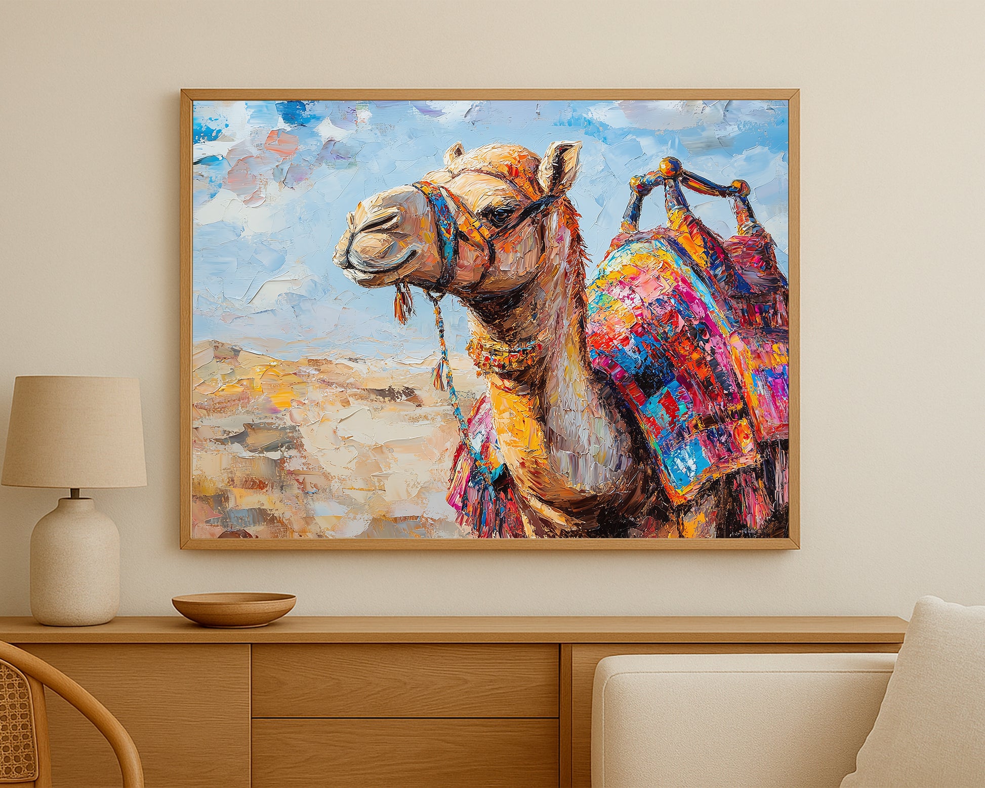 Travel-inspired animal wall art of a camel with bold decorative textiles and warm neutral tones in a bright open landscape.
