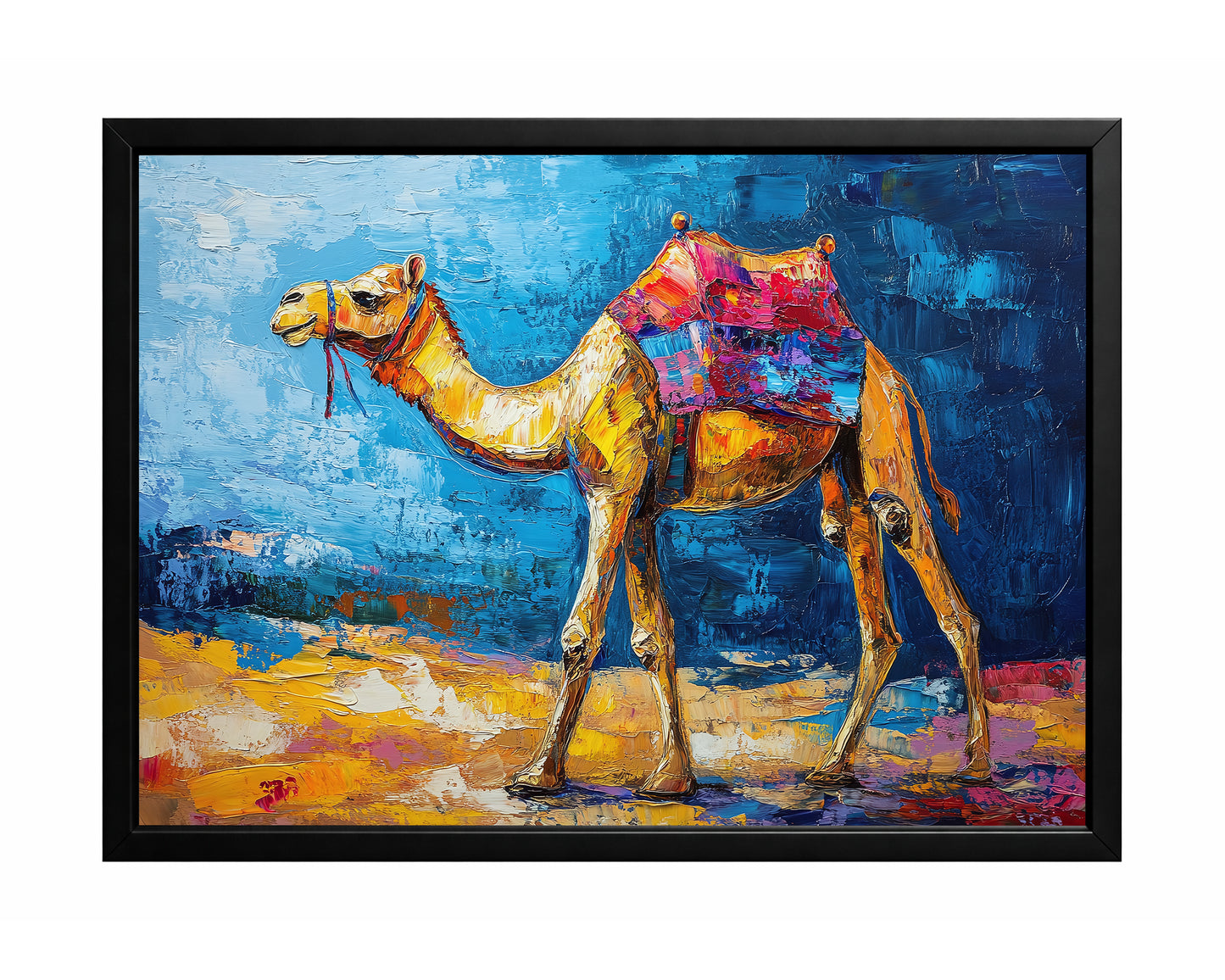 Camel wall art featuring a golden camel with a vibrant multicolored saddle against a rich blue textured background.