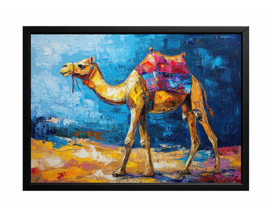 Camel wall art featuring a golden camel with a vibrant multicolored saddle against a rich blue textured background.