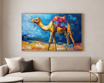 Textured desert animal painting of a standing camel with bright pink, purple, and blue saddle details on a bold blue backdrop.