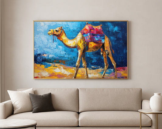 Textured desert animal painting of a standing camel with bright pink, purple, and blue saddle details on a bold blue backdrop.