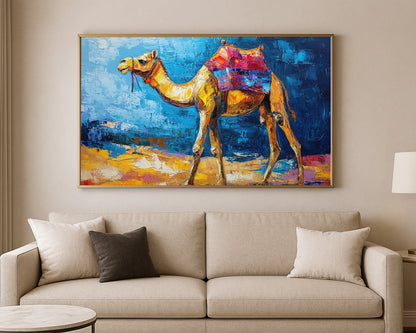 Colorful camel artwork showing a full-body desert camel with a patterned saddle and expressive painterly brushstrokes.