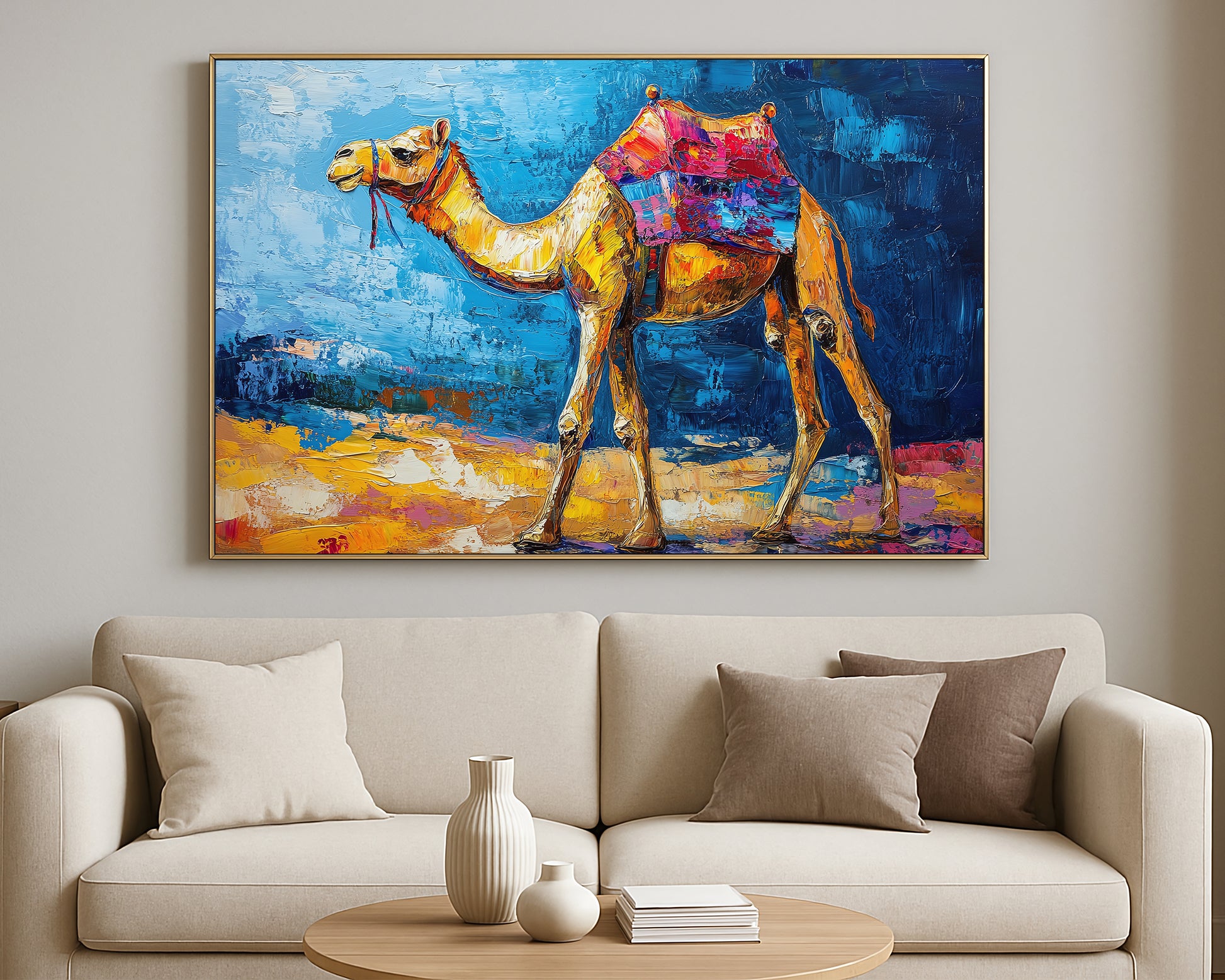 Travel-inspired animal wall art of a camel in warm golden tones set against a vivid blue and sandy abstract landscape.
