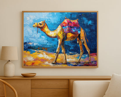 Decorative camel painting with a bright woven saddle, slender form, and bold contrast between golden desert tones and deep blue surroundings.