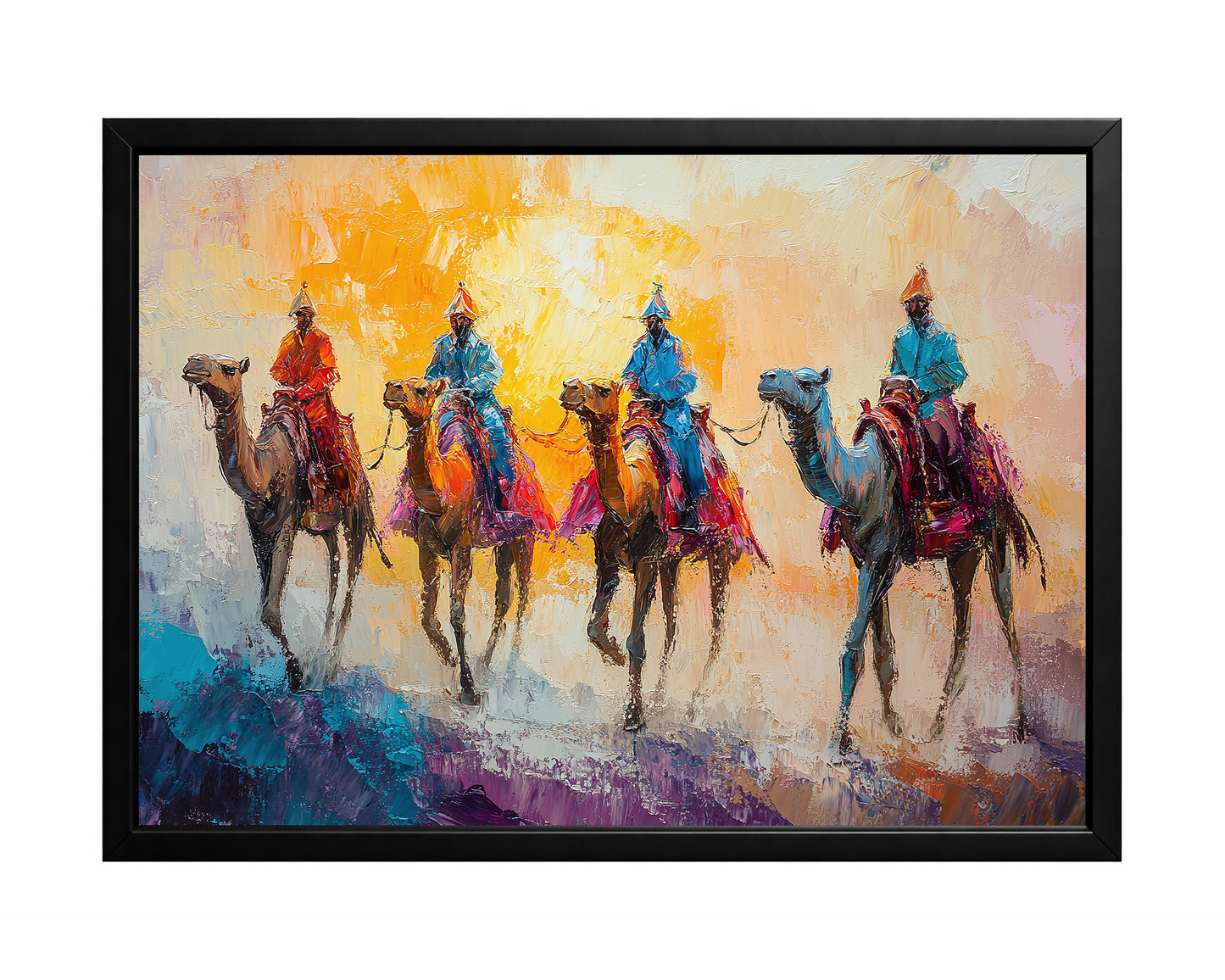 Camel caravan wall art featuring four riders in colorful garments against a warm glowing desert backdrop.