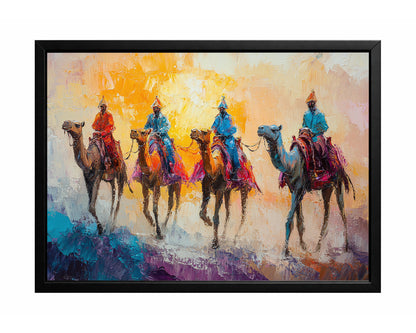 Camel caravan wall art featuring four riders in colorful garments against a warm glowing desert backdrop.