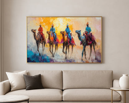 Textured desert painting of a camel caravan with richly dressed riders in vivid blue, red, and magenta tones.