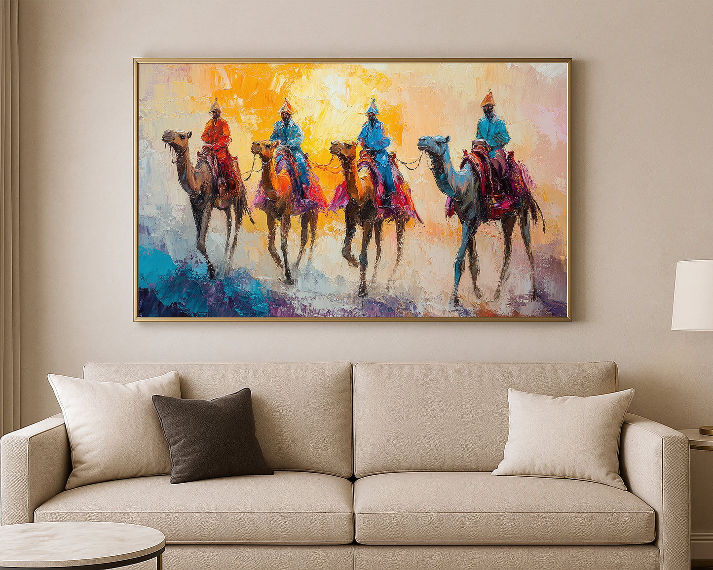Travel-inspired artwork showing a line of camels and riders moving across a bright abstract desert landscape.