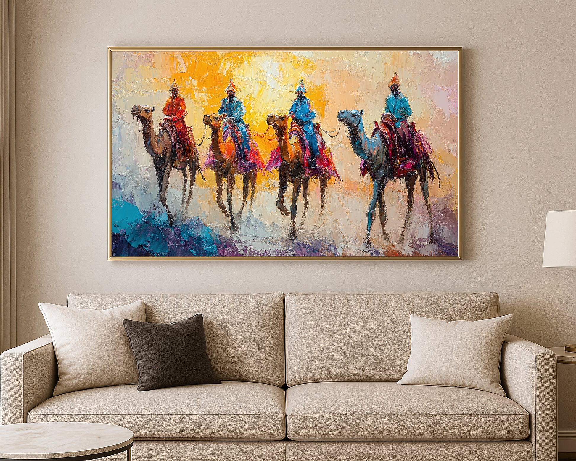 Travel-inspired artwork showing a line of camels and riders moving across a bright abstract desert landscape.