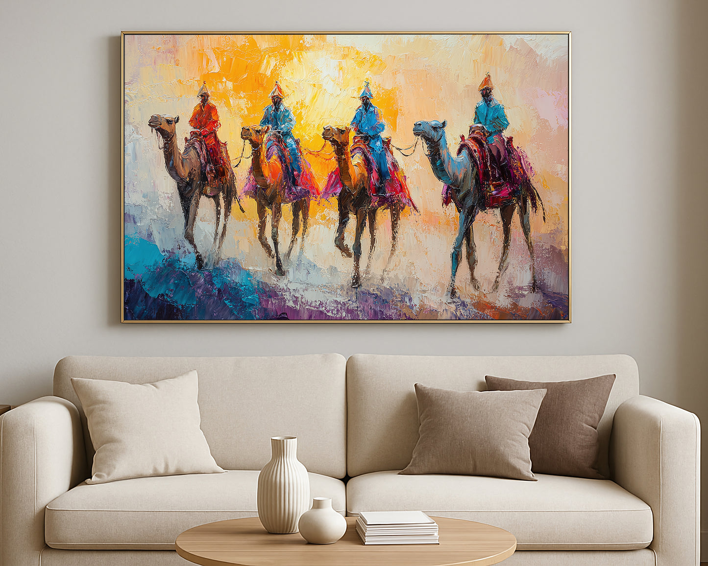 Colorful camel caravan painting with expressive brushstrokes, layered textiles, and a luminous warm sky.