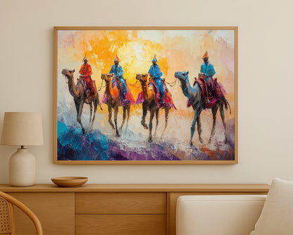 Desert scene wall art featuring multiple camels with riders in bold garments set against a soft golden and pastel background.