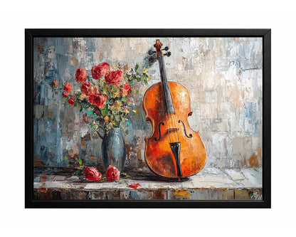 Still life wall art featuring a warm-toned cello beside a vase of red roses on a textured neutral background.