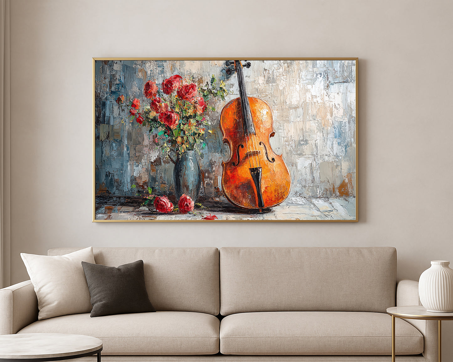 Textured painting of a cello and red floral arrangement displayed on a rustic tabletop against a soft abstract wall.