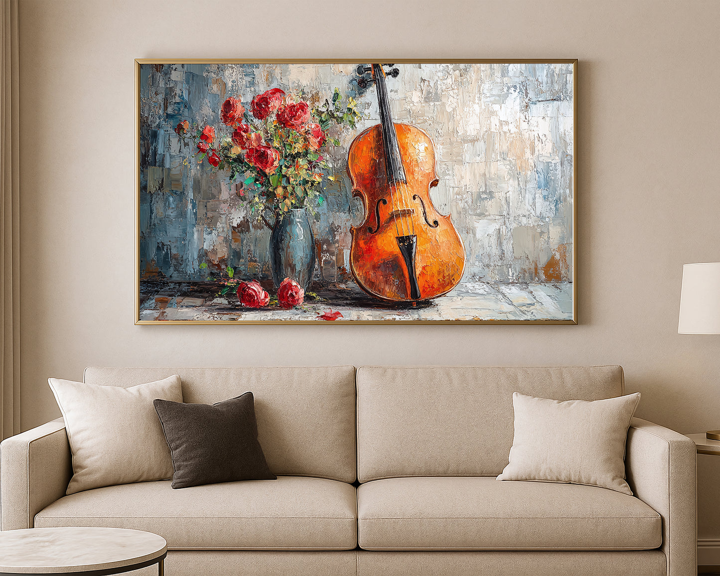 Music-inspired artwork showing an orange-brown cello with a bouquet of red roses in a dark vase.