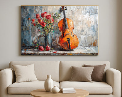 Elegant still life painting with a cello, blooming red roses, and scattered petals in a richly textured interior scene.