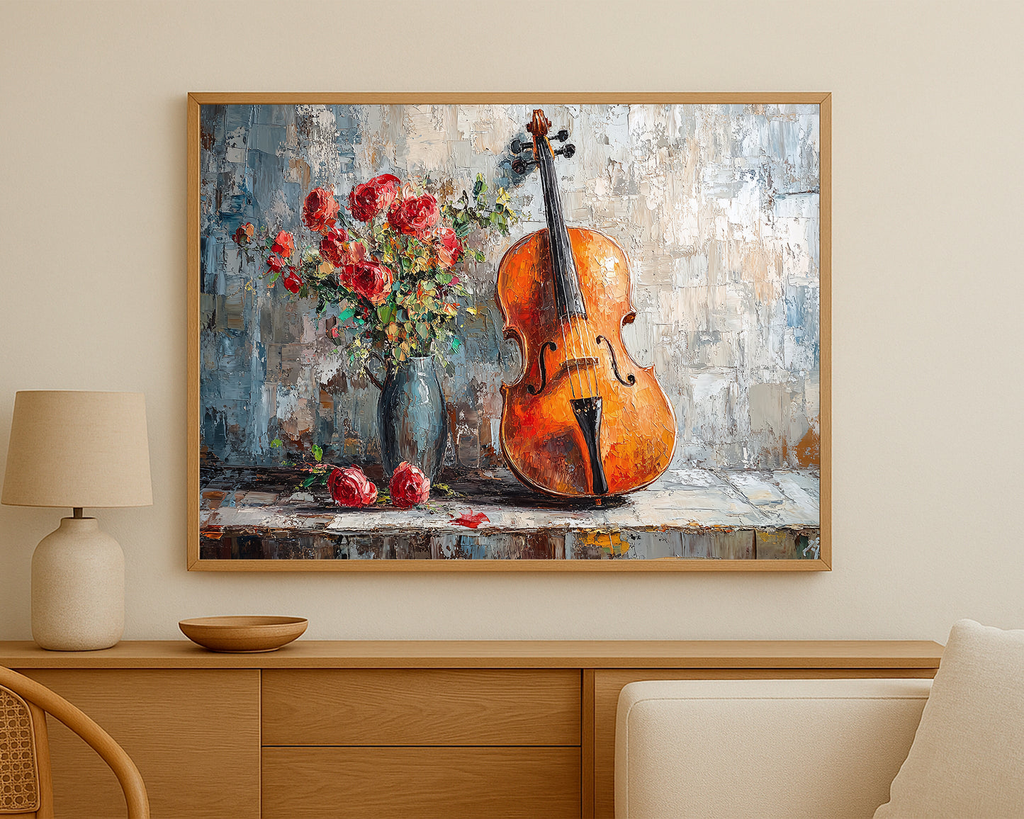 Artistic composition of a cello and red flowers with layered brushwork, warm amber tones, and a neutral textured backdrop.