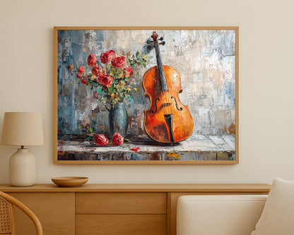 Artistic composition of a cello and red flowers with layered brushwork, warm amber tones, and a neutral textured backdrop.