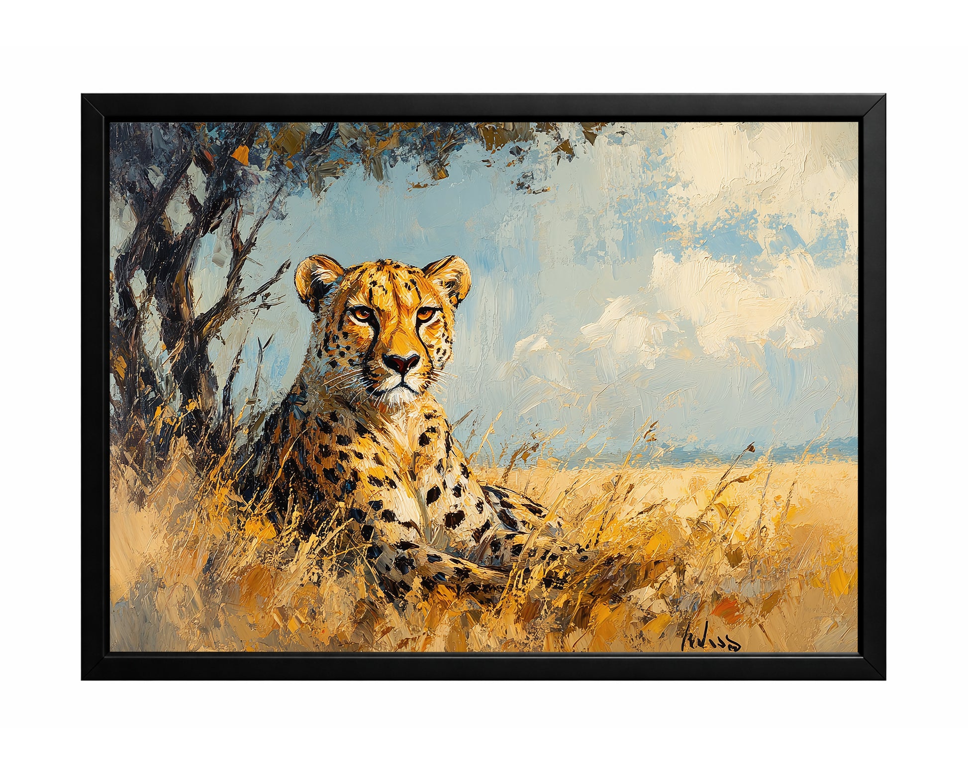 Cheetah savanna wall art with a resting cheetah in tall golden grass beneath a soft blue sky