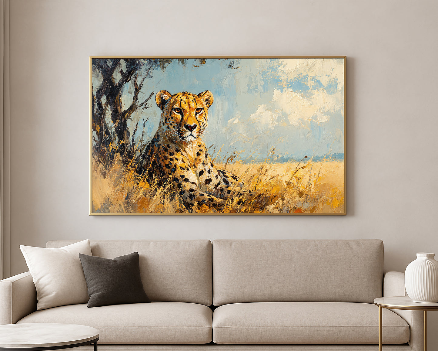 Textured wildlife artwork featuring a cheetah in a warm African grassland scene with painterly brushwork