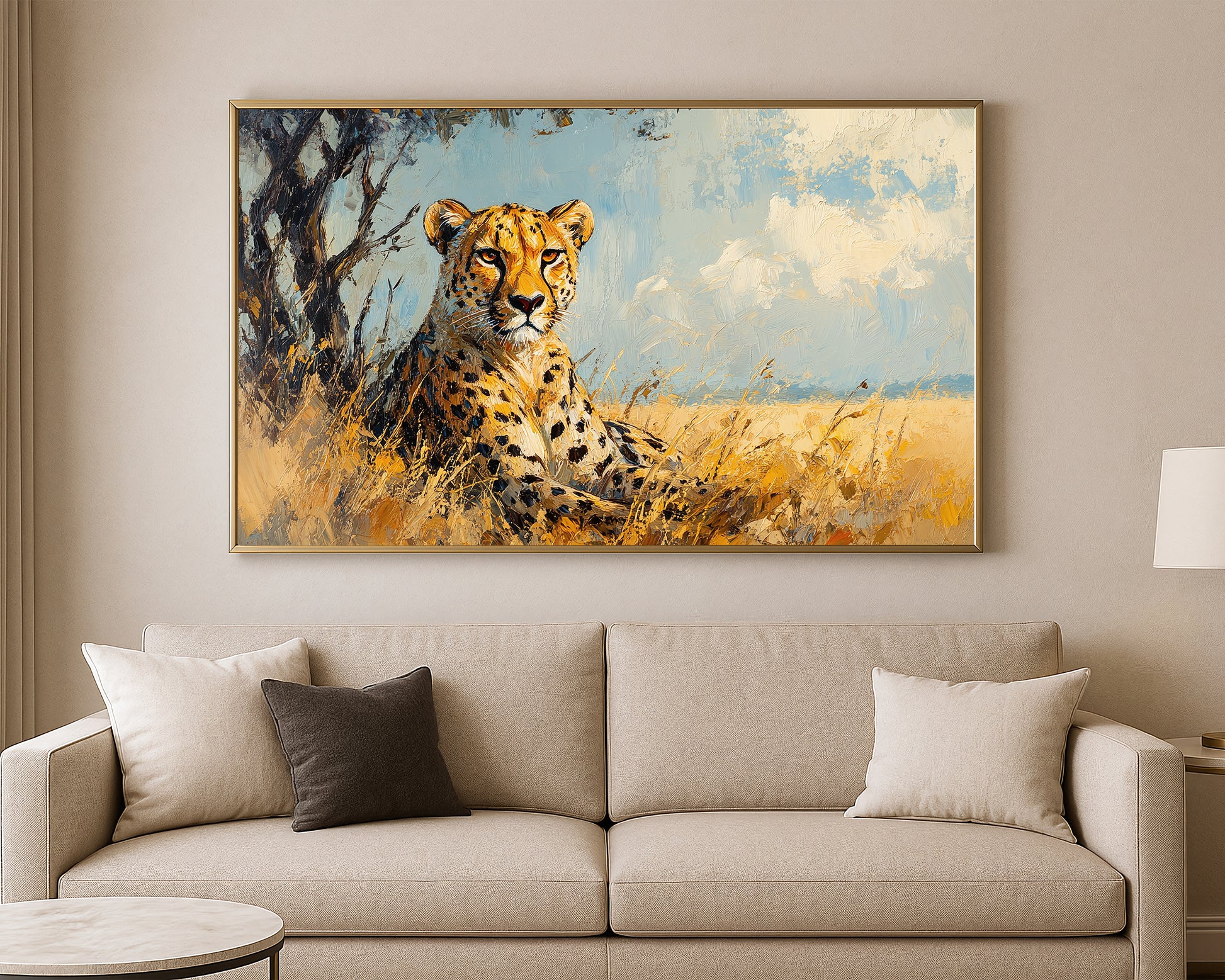 Safari wall art print showing a cheetah resting near a tree in golden savanna tones