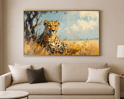 Safari wall art print showing a cheetah resting near a tree in golden savanna tones