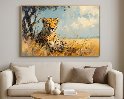 African animal wall decor with a cheetah, layered ochre grasses, and a pale blue textured sky