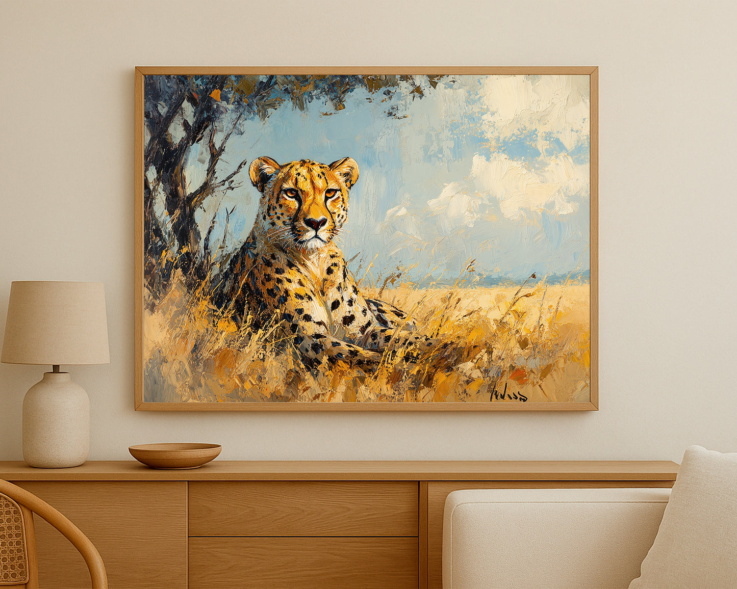 Nature-inspired cheetah artwork with warm golden tones, expressive detail, and a calm safari landscape