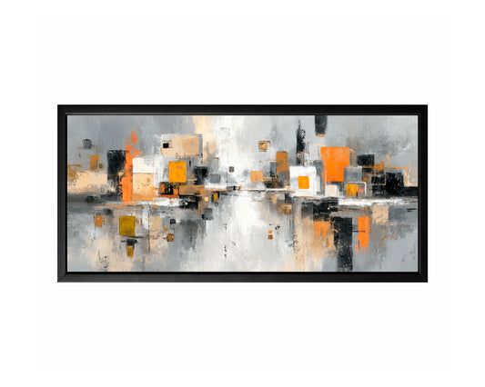 Panoramic abstract cityscape wall art with layered gray, white, black, and beige blocks accented by warm orange and reflected below