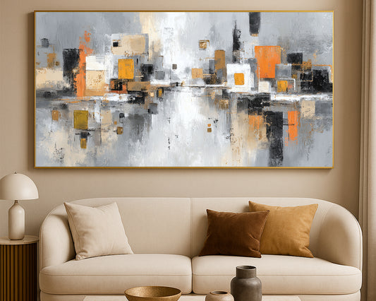 Modern urban panorama featuring geometric skyline forms in soft neutrals with orange highlights mirrored across calm water