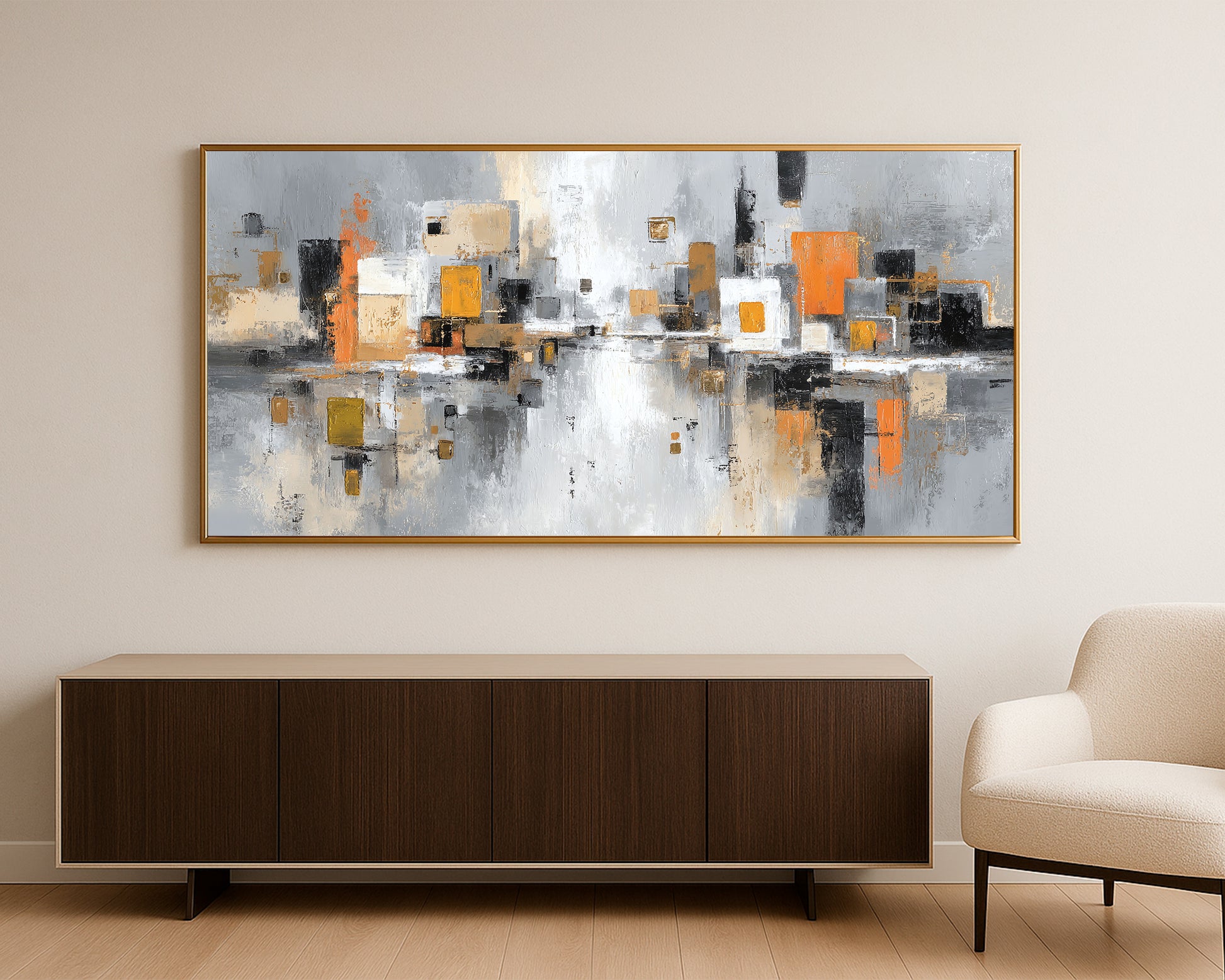 Wide abstract skyline artwork with rectangular city structures, painterly textures, and reflective gray and beige tones