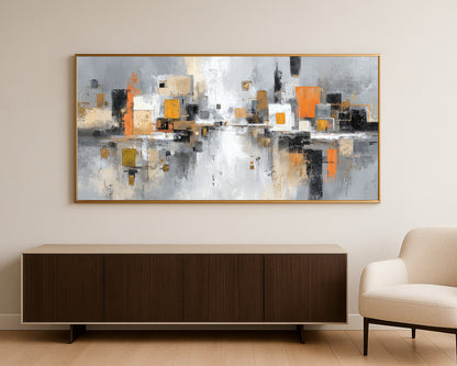 Wide abstract skyline artwork with rectangular city structures, painterly textures, and reflective gray and beige tones