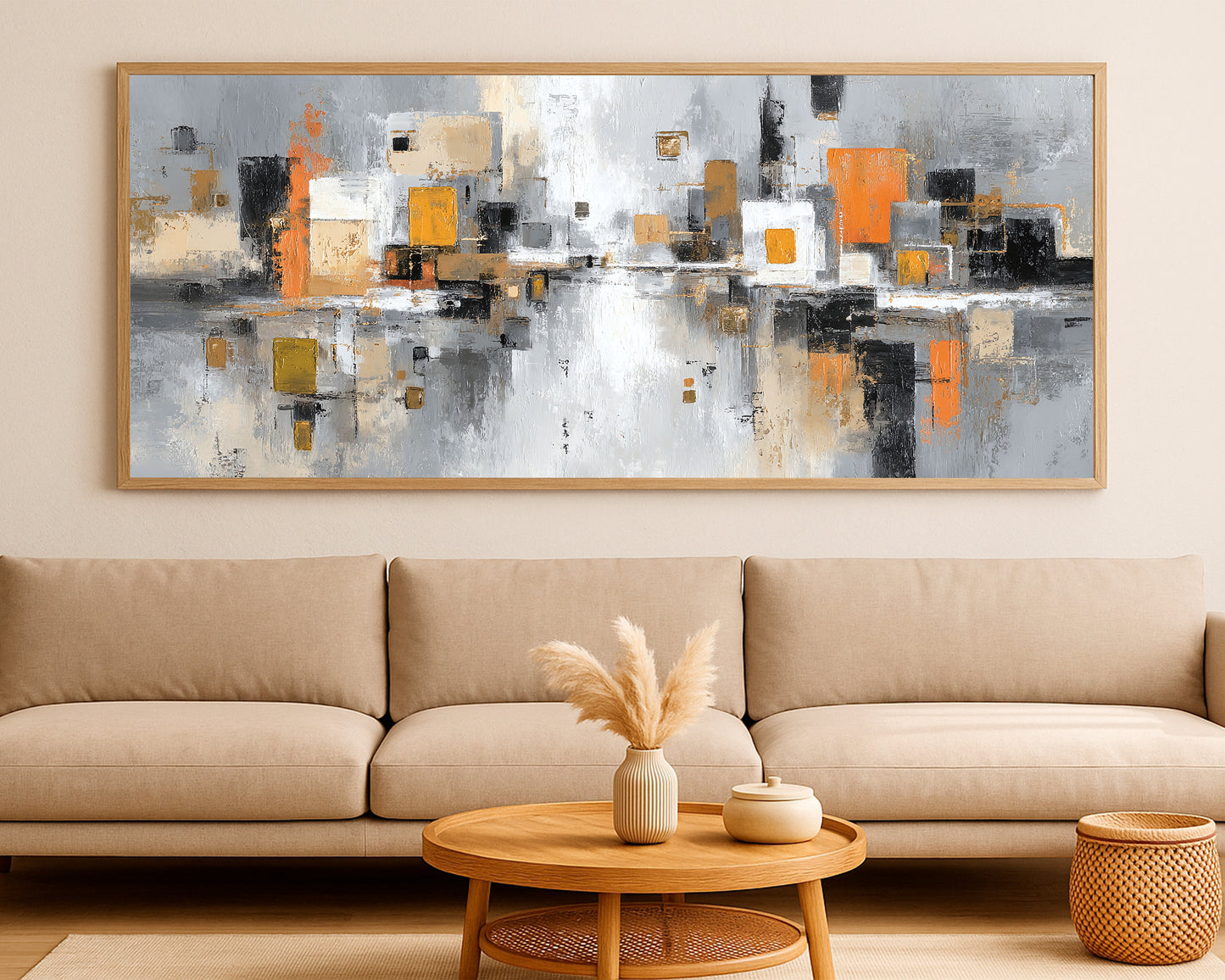 Contemporary cityscape wall decor showing a minimalist urban composition with orange accents and mirrored architectural forms
