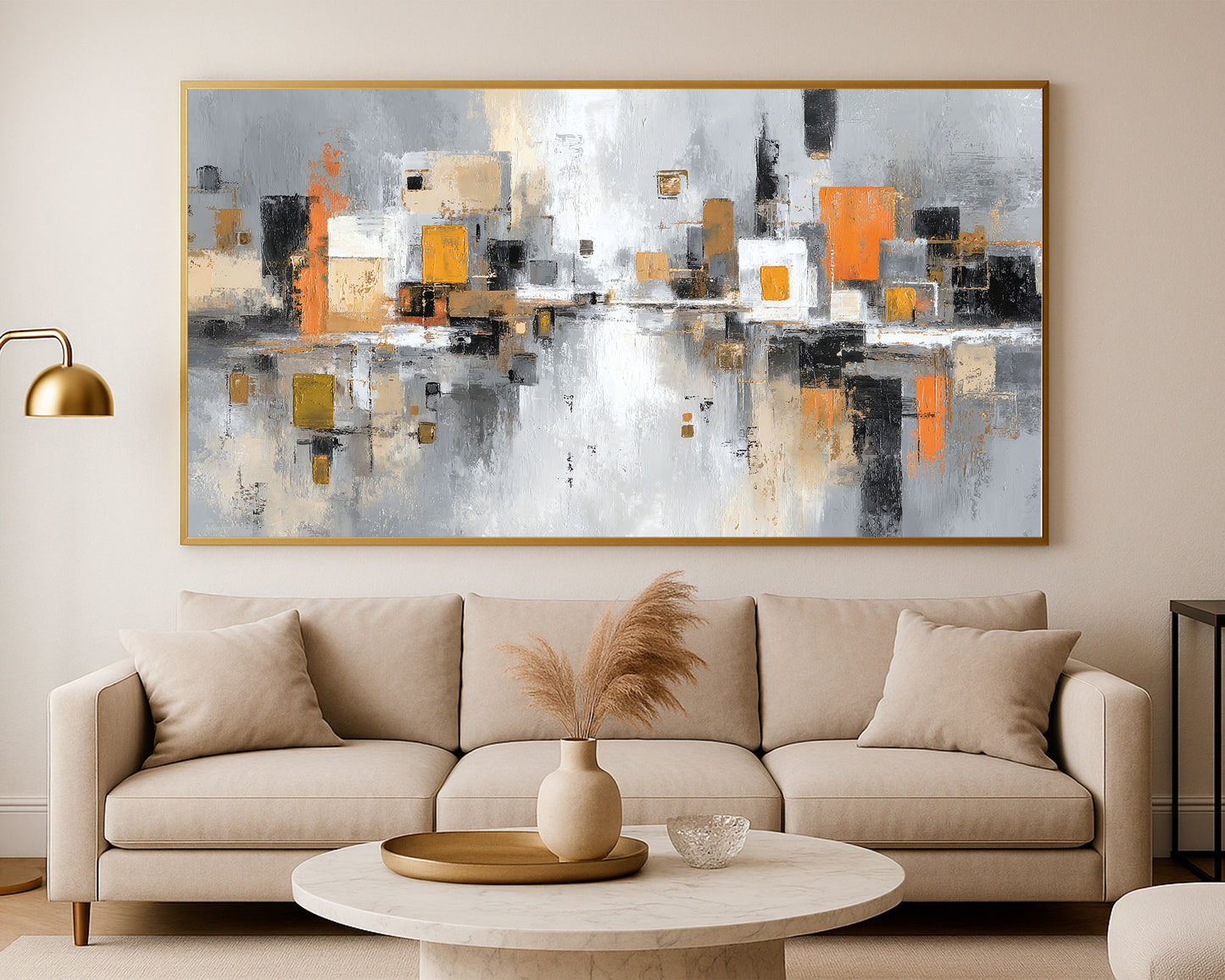 Panoramic modern city print featuring neutral buildings, black and cream blocks, and subtle orange reflections across a soft gray background