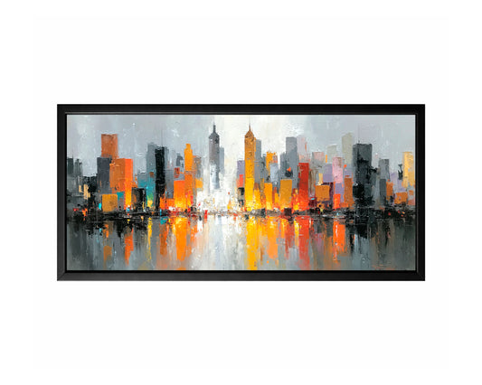 Panoramic modern cityscape wall art with glowing orange and gold buildings reflected across dark water in a gray skyline composition