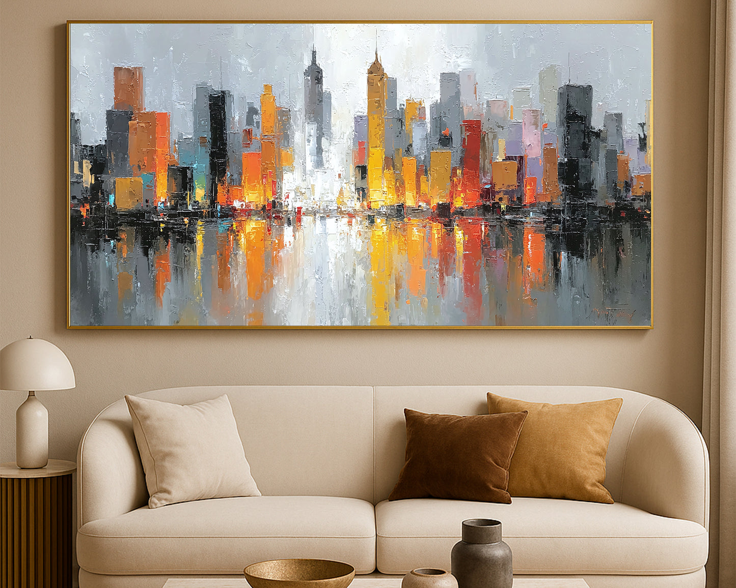 Wide abstract skyline print featuring luminous city towers in orange, gold, gray, and black with mirrored reflections below