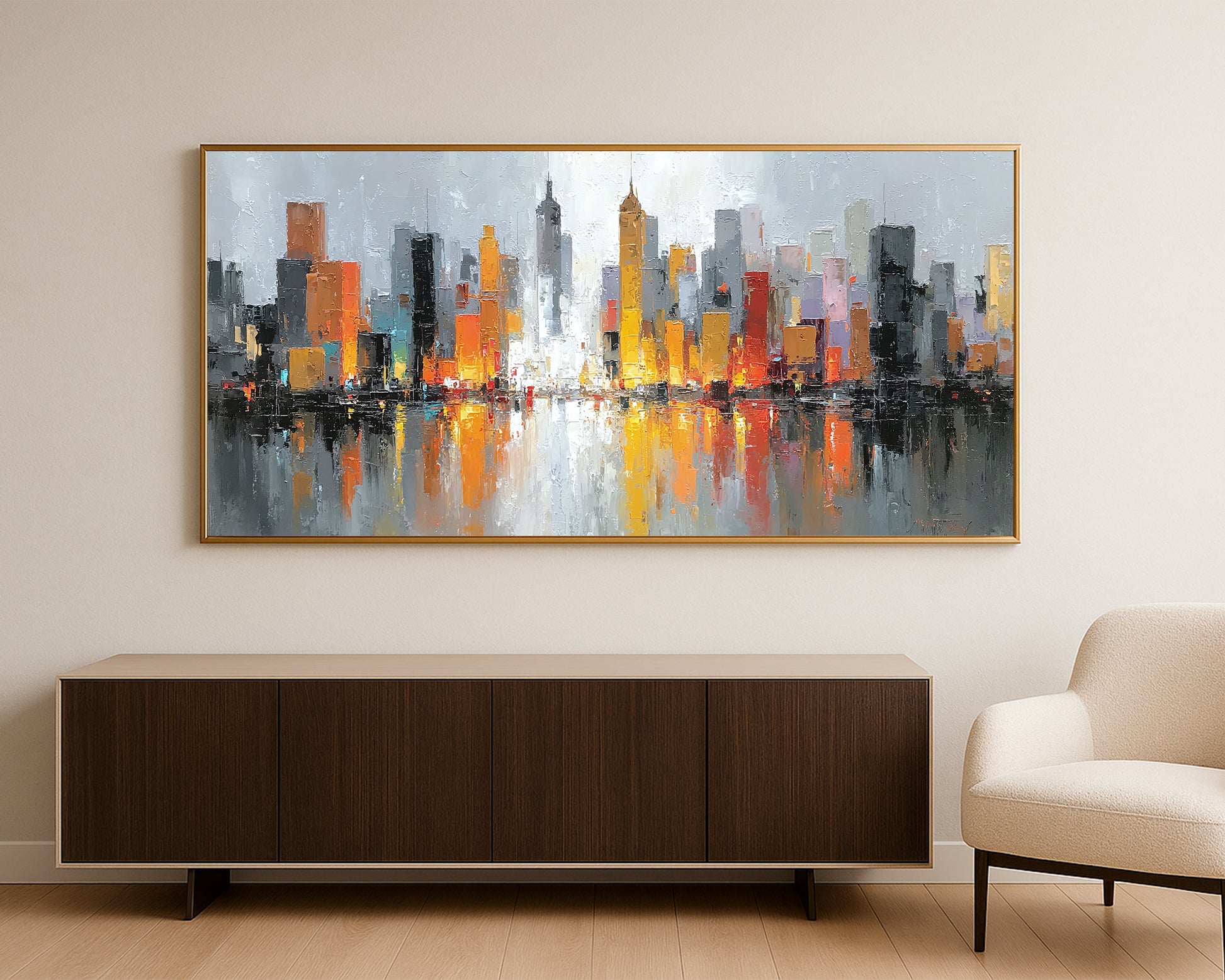 Contemporary urban panorama showing a vibrant city skyline with warm glowing accents against a soft gray background