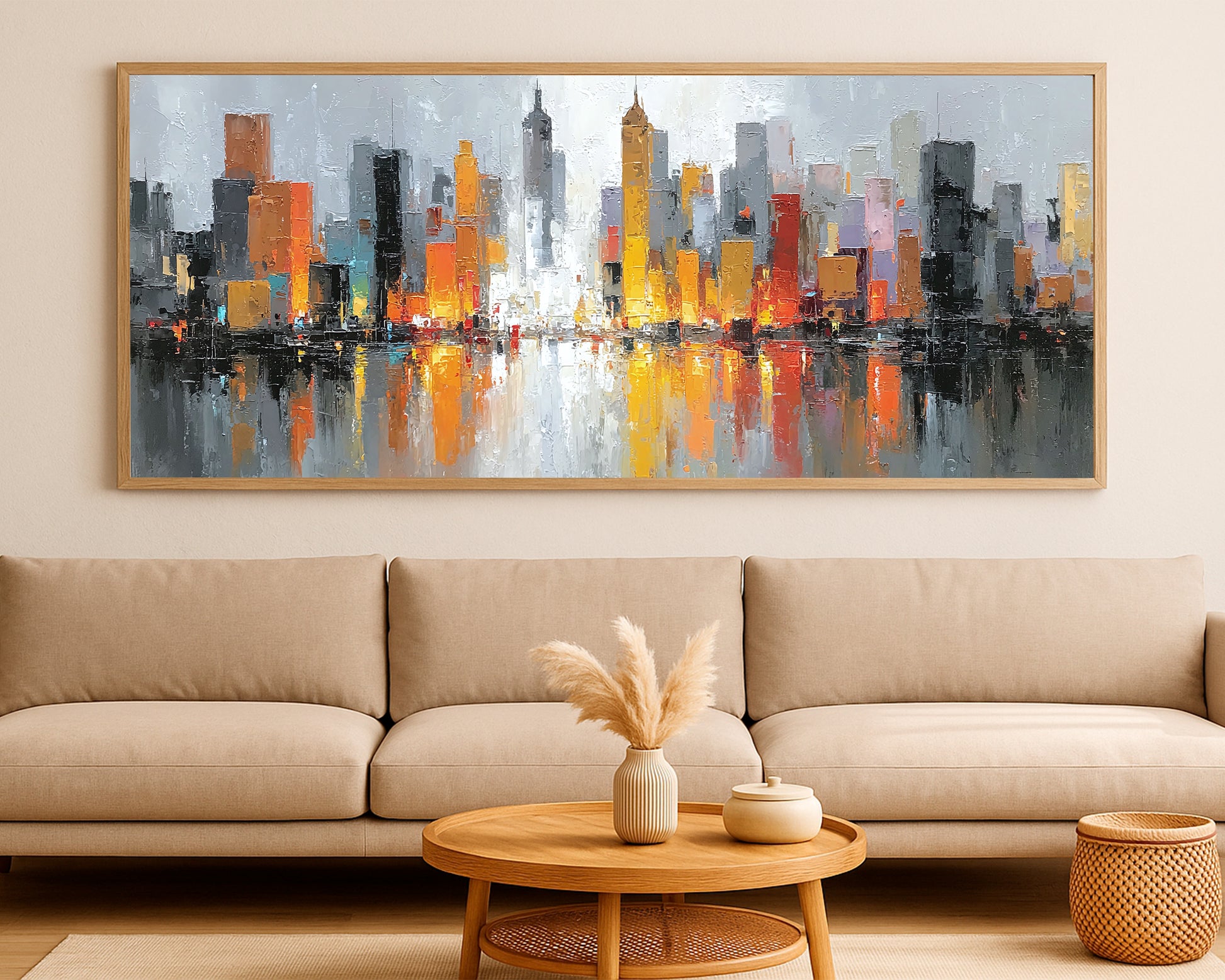 Statement cityscape wall decor with reflective water, bold orange towers, and layered modern architectural forms in a panoramic layout