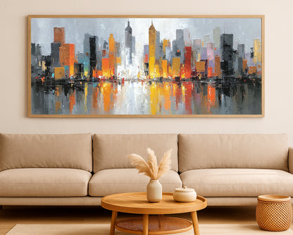 Statement cityscape wall decor with reflective water, bold orange towers, and layered modern architectural forms in a panoramic layout