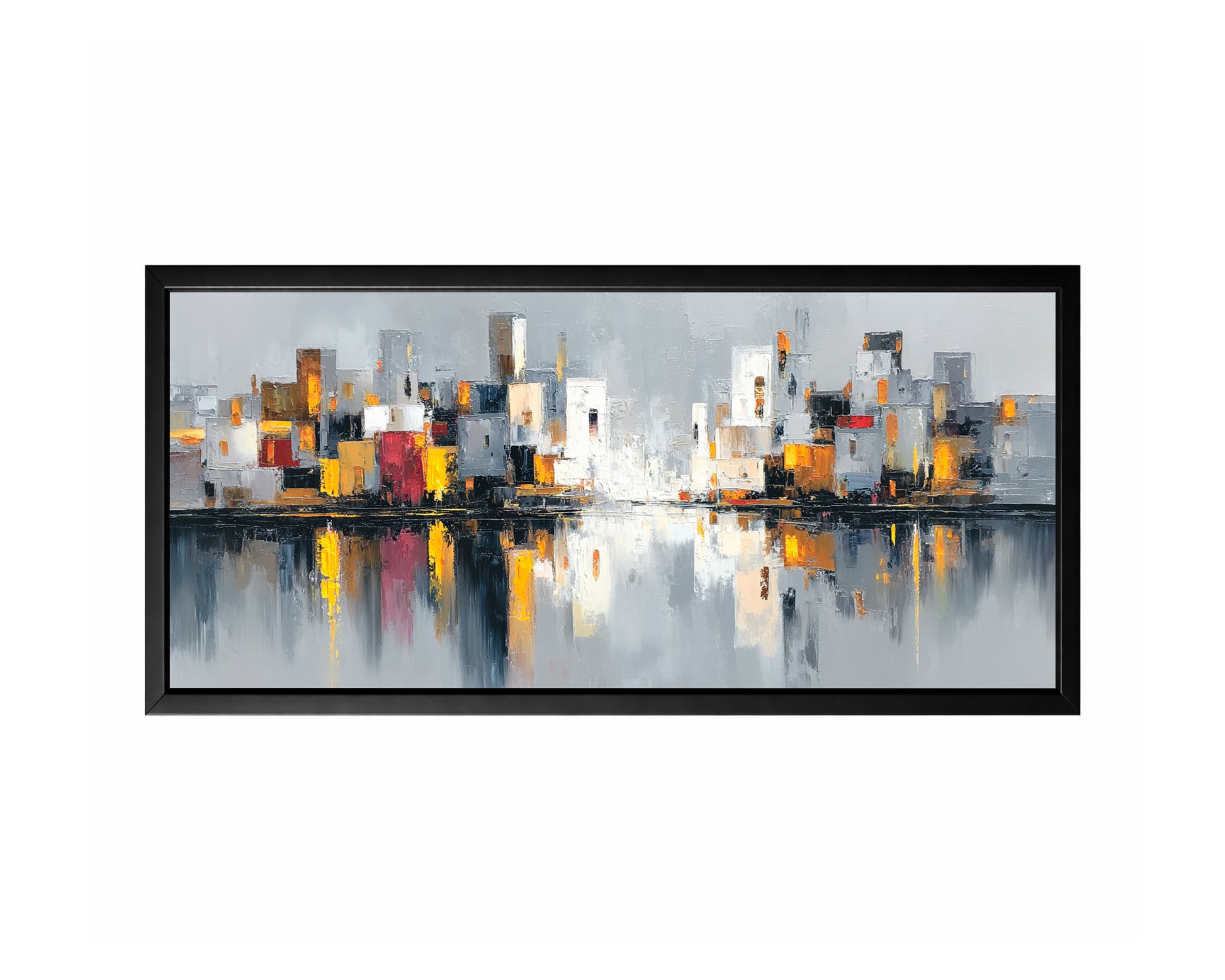 Panoramic abstract cityscape wall art featuring white, gray, black, gold, and muted red buildings reflected across calm water