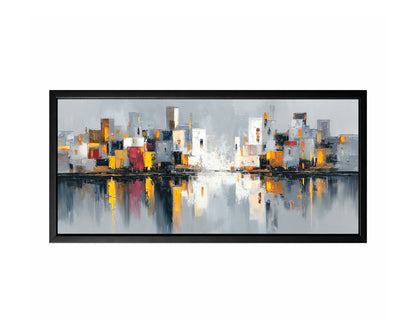 Panoramic abstract cityscape wall art featuring white, gray, black, gold, and muted red buildings reflected across calm water