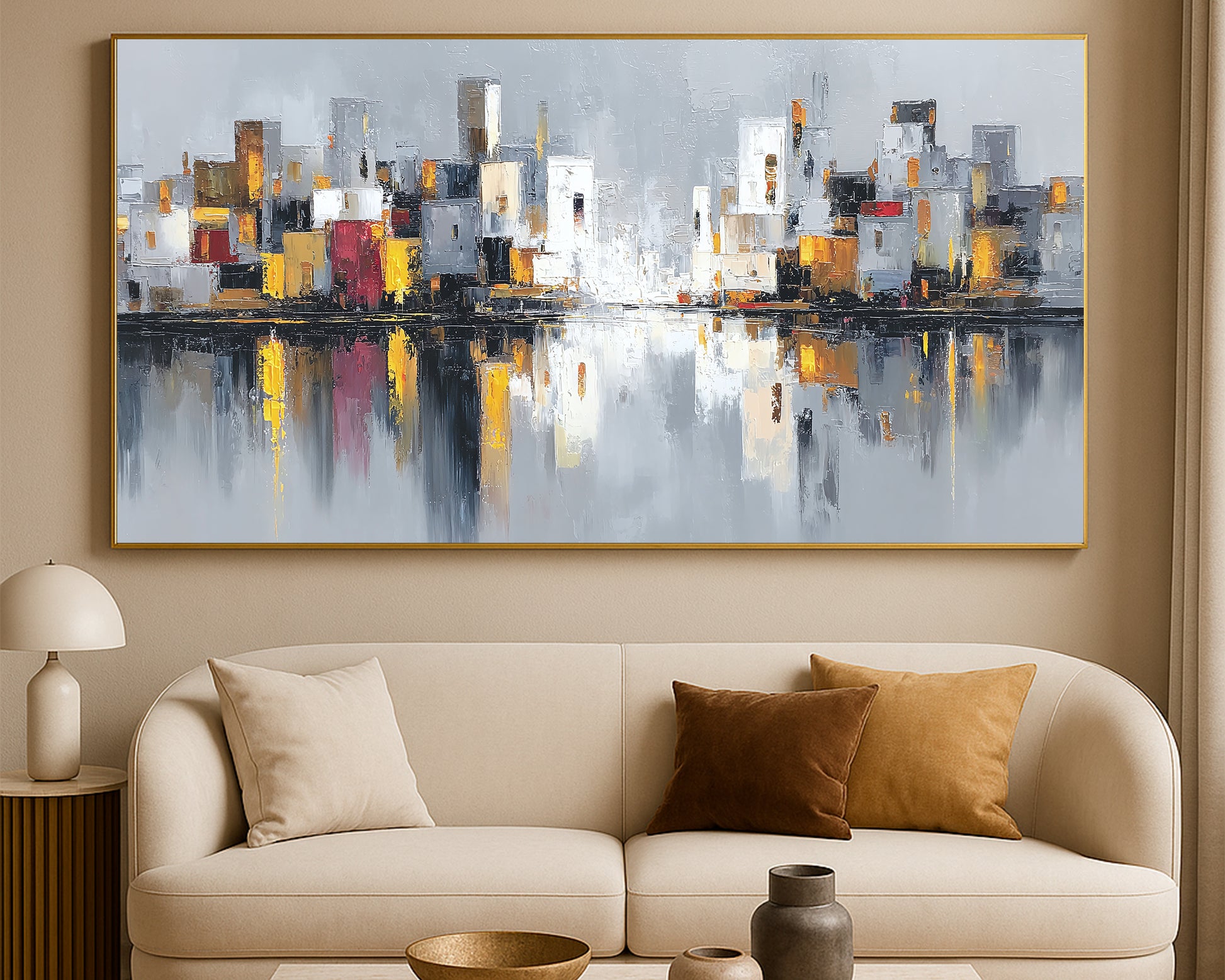 Wide modern skyline print with layered neutral city blocks, soft reflections, and subtle warm accents in gold and red